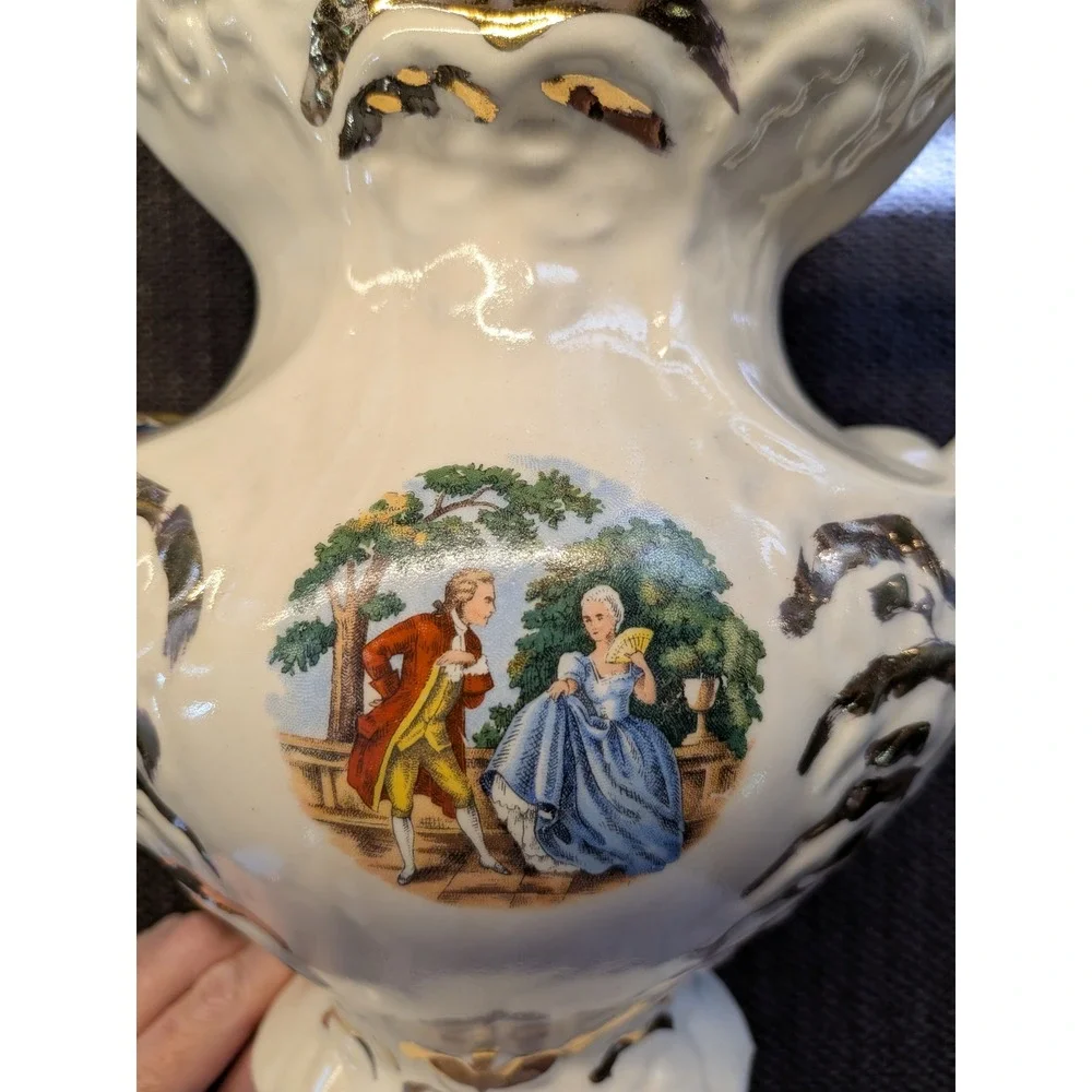 Vintage Ceramic Pitcher Basin Set Victorian Courting Scene 22K Gold Trim